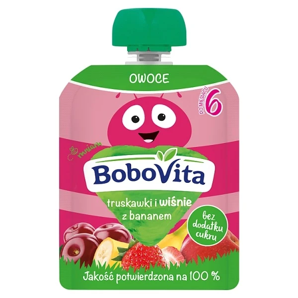 [DATA - 2026-10-19] BoboVita, mus owocowy, truskawki i wiśnie z bananem, po 6 miesiącu, 80g