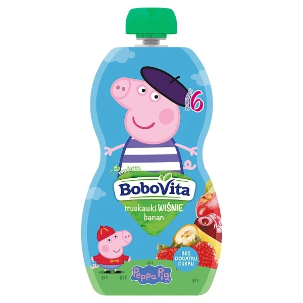 [DATA - 2026-10-19] BoboVita, Świnka Peppa, mus owocowy, truskawki i wiśnie z bananem, po 6 miesiącu, 100g