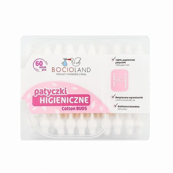 Bocioland, bawełniane patyczki higieniczne dla niemowląt, 60 sztuk
