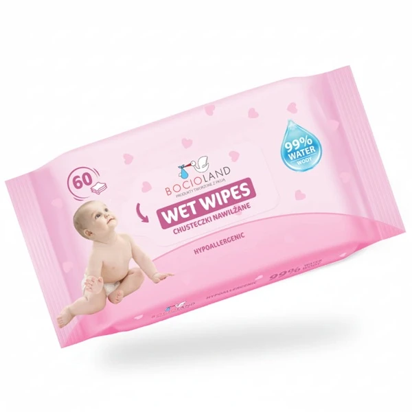 Bocioland Wet Wipes, chusteczki nawilżane dla niemowląt, hipoalergiczne, 60 sztuk