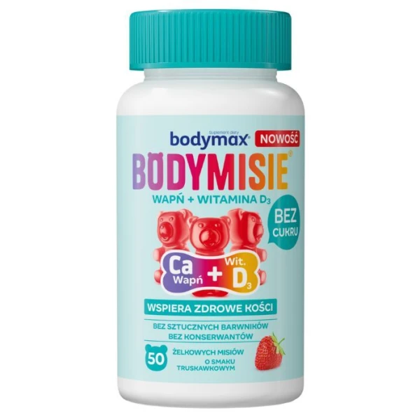 Bodymisie, wapń + witamina D3, żelki o truskawkowym smaku, po 3 roku życia, 50 sztuk