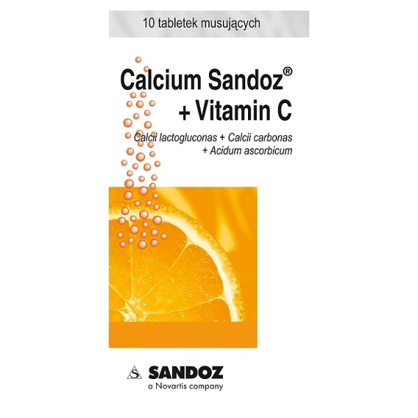 Calcium Sandoz + Vitamin C (260mg+1000mg), smak pomarańczowy, 10 tabletek musujących