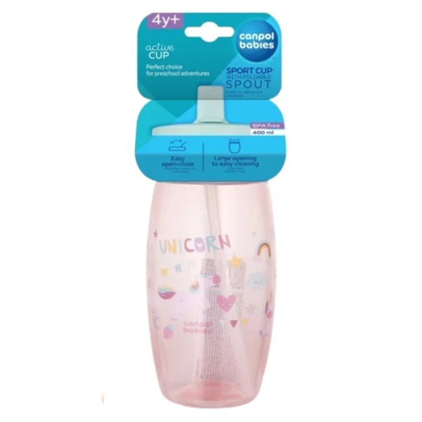 Canpol, bidon ze składanym ustnikiem, różowy, Jednorożce, po 4 roku życia, 56/618, 400ml