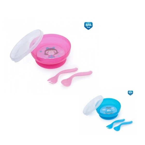 Canpol, miseczka antypoślizgowa z pokrywką i sztućcami, Toys, po 9 miesiącu, 21/300, 1 zestaw
