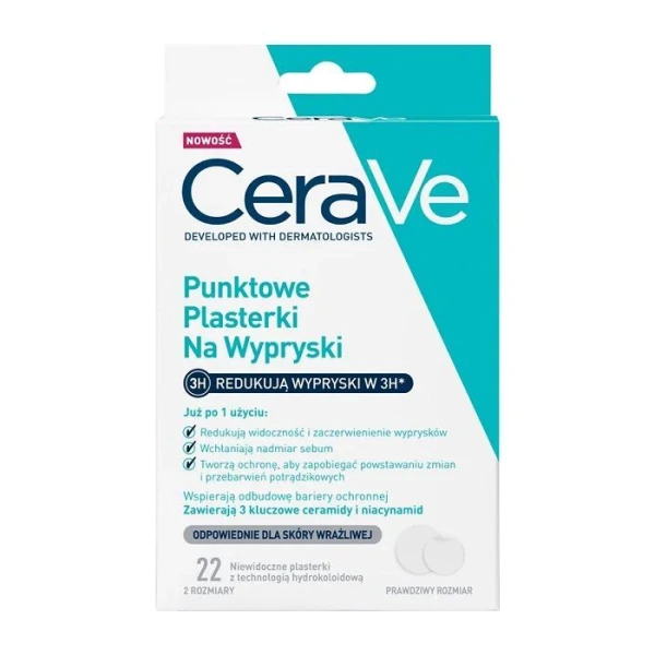 CeraVe, punktowe plasterki na wypryski, odpowiednie do skóry wrażliwej, 22 sztuki