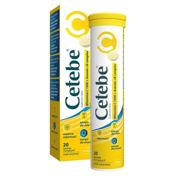 Cetebe, Witamina C 1000 + acerola + B-complex, smak cytrynowy, 20 tabletek musujących