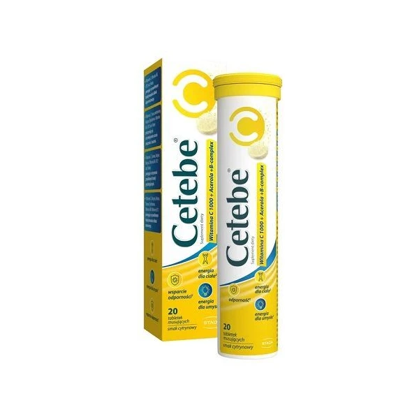 Cetebe, Witamina C 1000 + acerola + B-complex, smak cytrynowy, 20 tabletek musujących