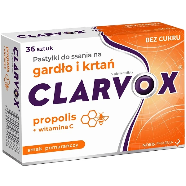 Clarvox, propolis i witamina C, smak pomarańczy, 36 pastylek do ssania
