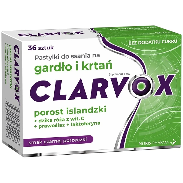 Clarvox, porost islandzki, dzika róża, prawoślaz i laktoferyna, smak czarnej porzeczki, 36 pastylek do ssania