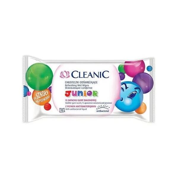 Cleanic Junior, chusteczki odświeżające o zapachu gumy balonowej, 15 sztuk