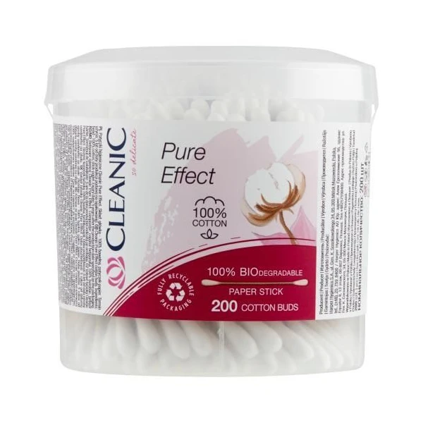 Cleanic Pure Effect, biodegradowalne patyczki higieniczne, pudełko okrągłe, 200 sztuk