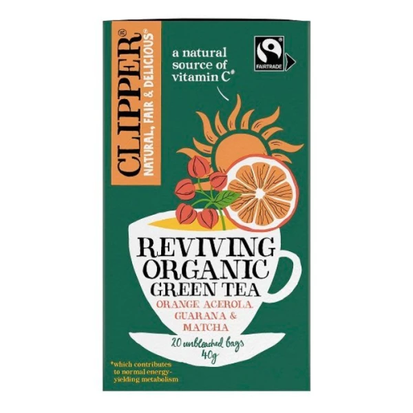 Clipper, herbata zielona Fair Trade, z acerolą, guaraną i matchą, 20 saszetek