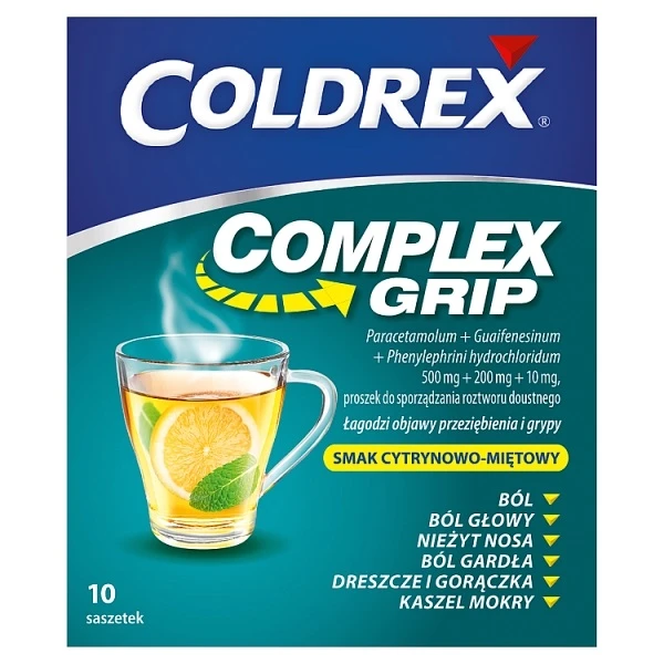 Coldrex Complex Grip (500mg+200mg+10mg), proszek, smak cytrynowo-miętowy, 10 saszetek