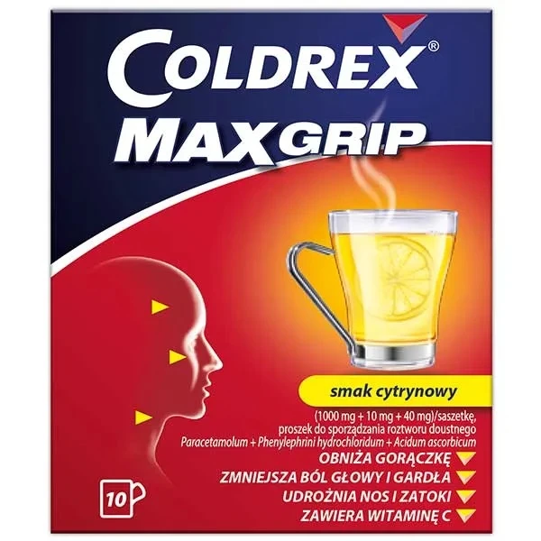 Coldrex MaxGrip (1000mg+10mg+40mg), proszek, smak cytrynowy, 10 saszetek