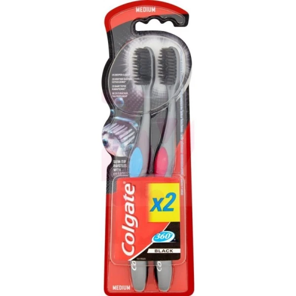 Colgate 360 Black, szczoteczka do zębów, medium, 2 sztuki