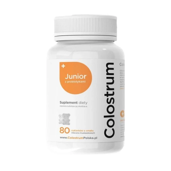 Colostrum Junior z probiotykami, cukierki o smaku mleczno-truskawkowym, po 3 roku życia, 80 sztuk