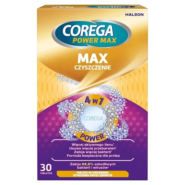 Corega Power Max Czyszczenie, tabletki do codziennego czyszczenia protez zębowych, 30 tabletek