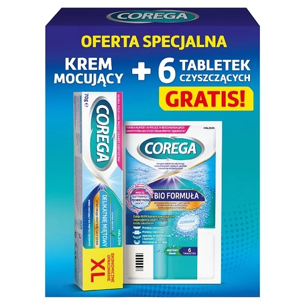 Corega Super Mocny, krem mocujący do protez zębowych, delikatnie miętowy, 70g +  Bio Formuła, tabletki do czyszczenia protez zębowych, 6 tabletek