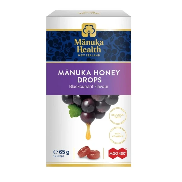 Manuka Health, Cukierki z Miodem Manuka MGO 400+ i witaminą C, smak czarnej porzeczki, 15 sztuk