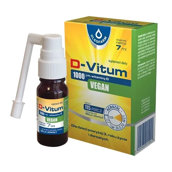 D-Vitum 1000 j.m., Vegan, aerozol w oleju MCT, dla dzieci od 3 roku życia i dorosłych, 7ml
