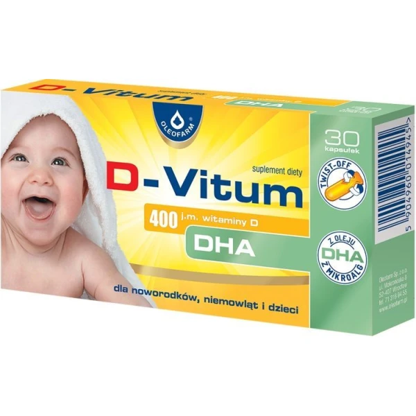 D-Vitum 400 j.m. + DHA, dla noworodków, niemowląt i dzieci, 30 kapsułek twist-off