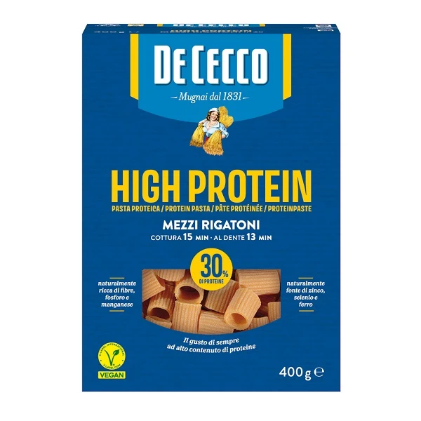 De Cecco High Protein, włoski makaron wysokobiałkowy, Mezzi Rigatoni N26, 400g