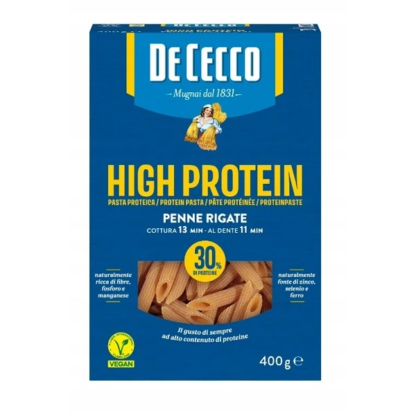 De Cecco High Protein, włoski makaron wysokobiałkowy, Penne Rigate N41, 400g