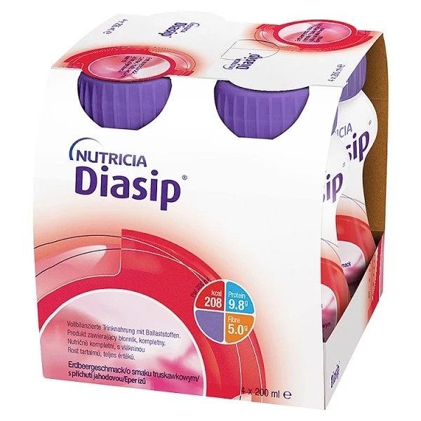 Diasip, produkt odżywczy zawierający błonnik, smak truskawkowy, płyn, 4x200ml