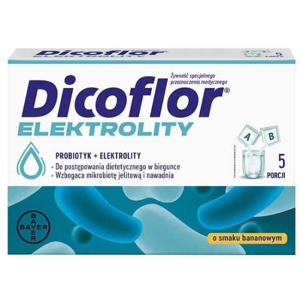 Dicoflor Elektrolity, probiotyk i elektrolity, proszek o smaku bananowym, po 1 roku życia, 10 saszetek