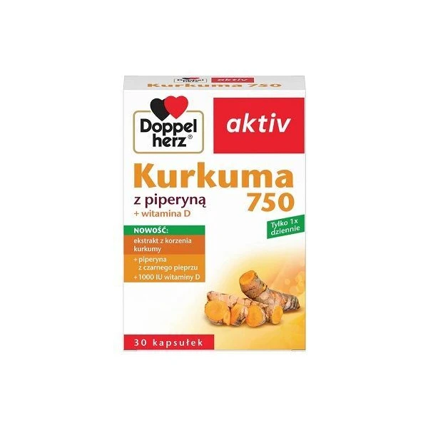 Doppelherz Aktiv, Kurkuma 750 z piperyną + witamina D, 30 kapsułek
