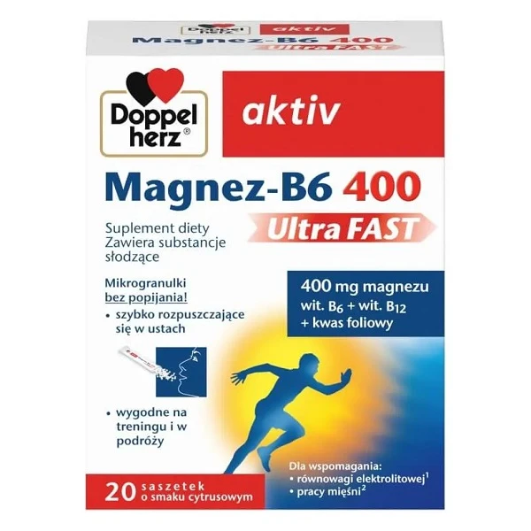 Doppelherz Aktiv, Magnez-B6 400 UltraFast, mikrogranulki, 20 saszetek
