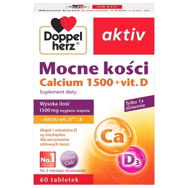Doppelherz Aktiv, Mocne kosci Calcium1500 + Vit. D, 60 tabletek