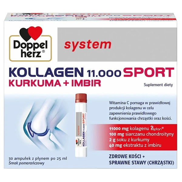 Doppelherz System, Kollagen 11.000 Sport, Kurkuma + Imbir, smak pomarańczowy, 30 ampułek po 25ml
