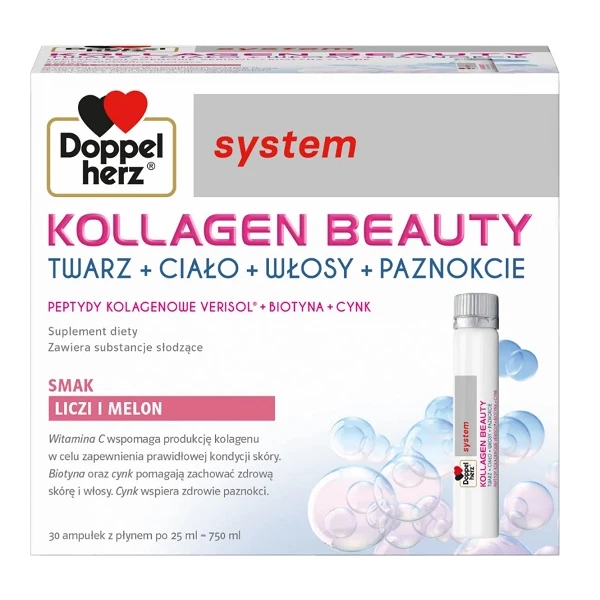 Doppelherz System, Kollagen Beauty, owocowy smak liczi i melona, 30 ampułek po 25ml
