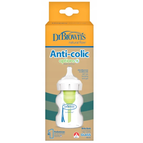 Dr Brown's Options+, butelka antykolkowa z szeroką szyjką, szklana, ze smoczkiem, poziom 1, 0-3 miesięcy, 150ml