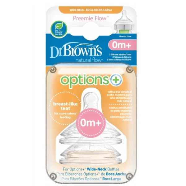 Dr Brown's, silikonowy smoczek Preemie do butelki, szeroka szyjka, dla wcześniaków, 2 sztuki