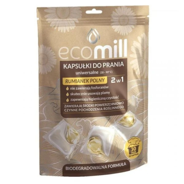 Ecomill, kapsułki do prania, uniwersalne 2w1, rumianek polny, biodegradowalne, 30 kapsułek