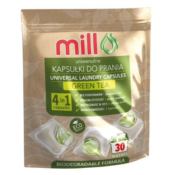 Ecomill, kapsułki do prania, uniwersalne 4w1, zielona herbata, biodegradowalne, 30 kapsułek