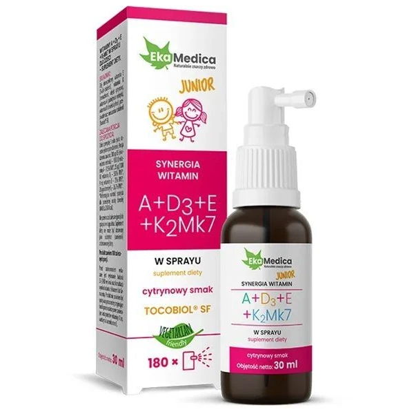 EkaMedica, A + D3 + E + K2Mk7 Junior, spray, dla dzieci po 3 roku życia, smak cytrynowy, 30ml