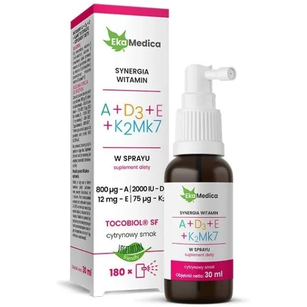 EkaMedica, A + D3 + E + K2Mk7, spray, smak cytrynowy, 30ml