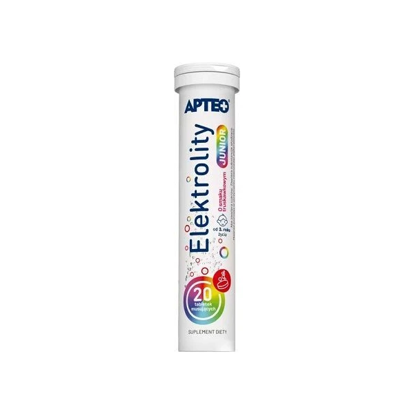 Elektrolity Junior Apteo, smak truskawkowy, po 3 roku życia, 20 tabletek musujących
