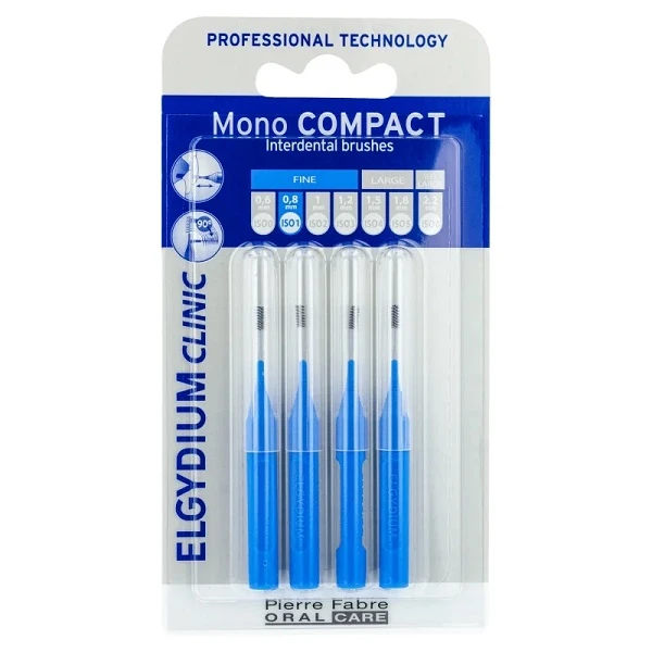 Elgydium Clinic Mono Compact, szczoteczki do przestrzeni międzyzębowych, niebieskie, rozmiar 0,8mm, 4 sztuki