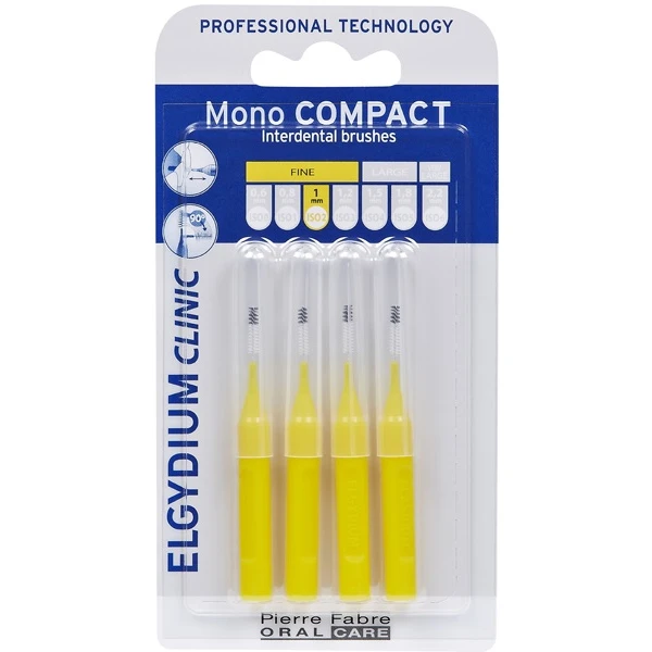 Elgydium Clinic Mono Compact, szczoteczki do przestrzeni międzyzębowych, żółte, rozmiar 1mm, 4 sztuki