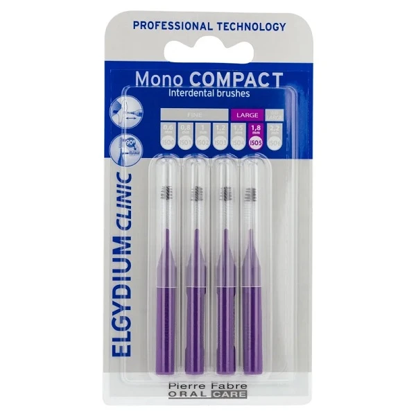 Elgydium Clinic Mono Compact, szczoteczki do przestrzeni międzyzębowych, fioletowe, rozmiar 1,8mm, 4 sztuki