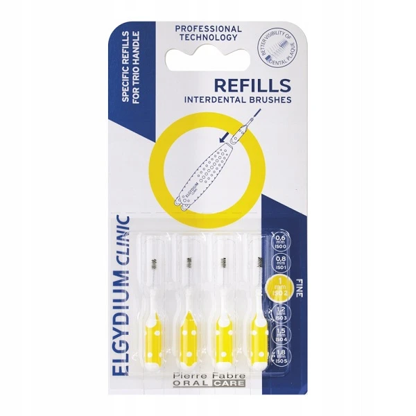Elgydium Clinic Refills, szczoteczki do przestrzeni międzyzębowych, żółte, rozmiar 1mm, 4 sztuki