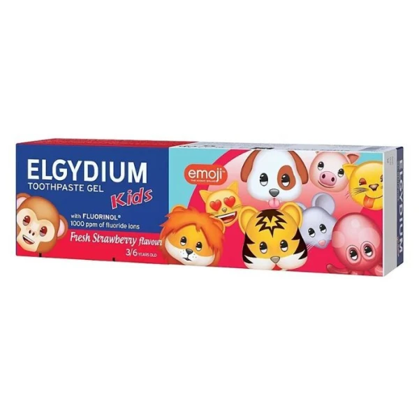 Elgydium Kids Emoji, pasta do zębów w postaci żelu dla dzieci, Orzeźwiająca Truskawka, 3-6 lat, 50ml