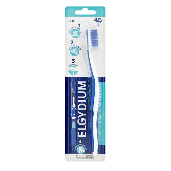 Elgydium, szczoteczka do zębów, miękka, 1 sztuka + czyścik do języka, 1 sztuka + szczoteczka międzyzębowa, 1 sztuka + gumka do przebarwień, 1 sztuka