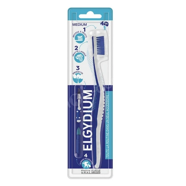 Elgydium, szczoteczka do zębów, średnia, 1 sztuka + czyścik do języka, 1 sztuka + szczoteczka międzyzębowa, 1 sztuka + gumka do przebarwień, 1 sztuka