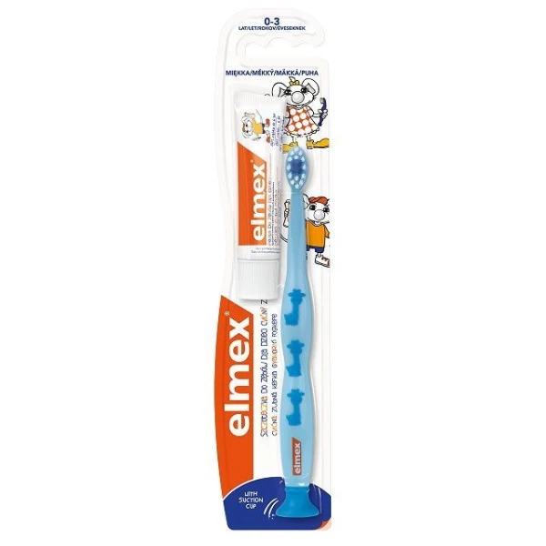 Elmex, szczoteczka do zębów, miękka, dla dzieci od urodzenia do 3 lat, 1 sztuka + pasta, 12ml