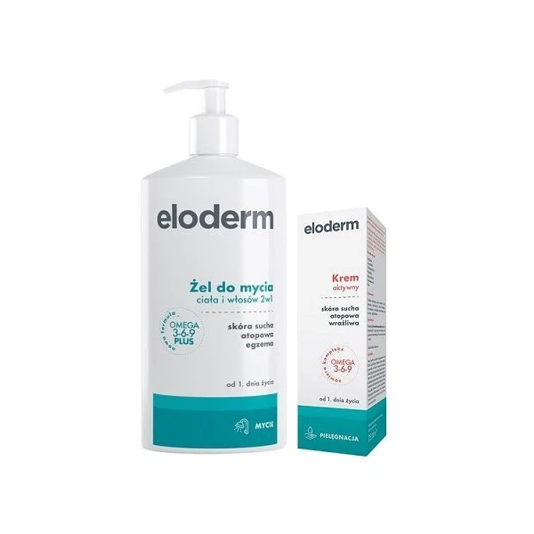 Eloderm, żel do mycia ciała i włosów 2w1 do skóry suchej i atopowej, od urodzenia, 400ml + krem aktywny 75ml w prezencie